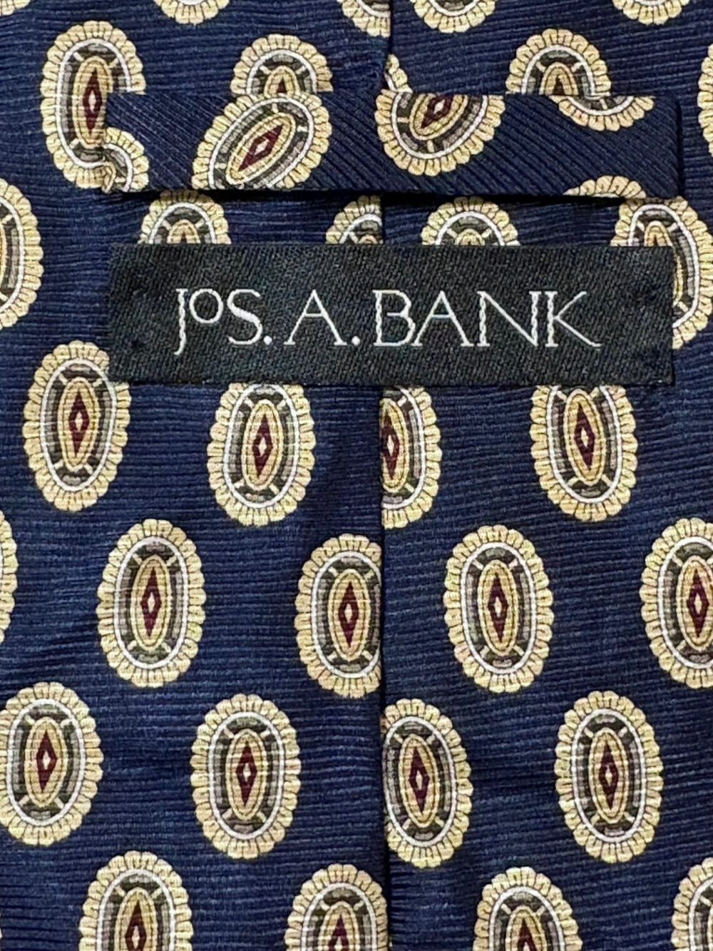 Jos. A. Bank Silk Necktie Navy Blue Gold Medallion Geometric Vintage 3.75"